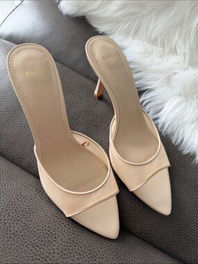 Mango Beige Pointed-Toe Slip-On Mule Heels